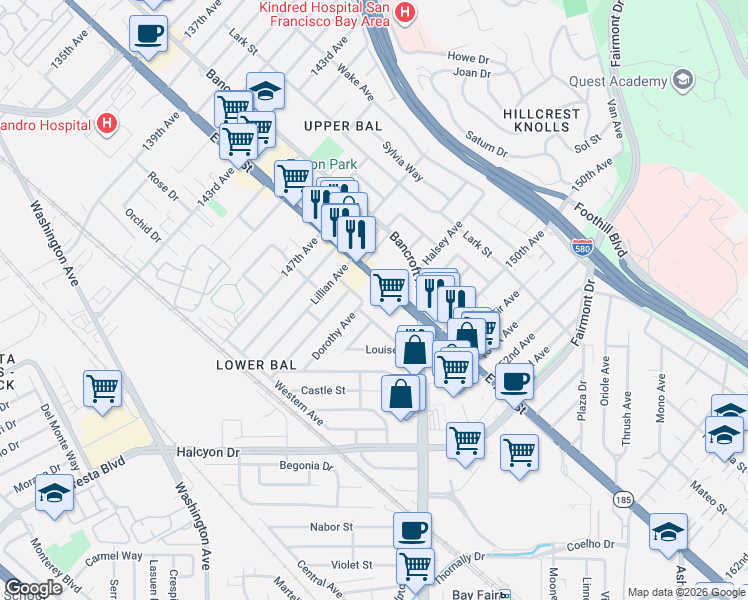 map of restaurants, bars, coffee shops, grocery stores, and more near 14835 East 14th Street in San Leandro