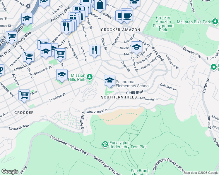 map of restaurants, bars, coffee shops, grocery stores, and more near 25 Bellevue Avenue in Daly City