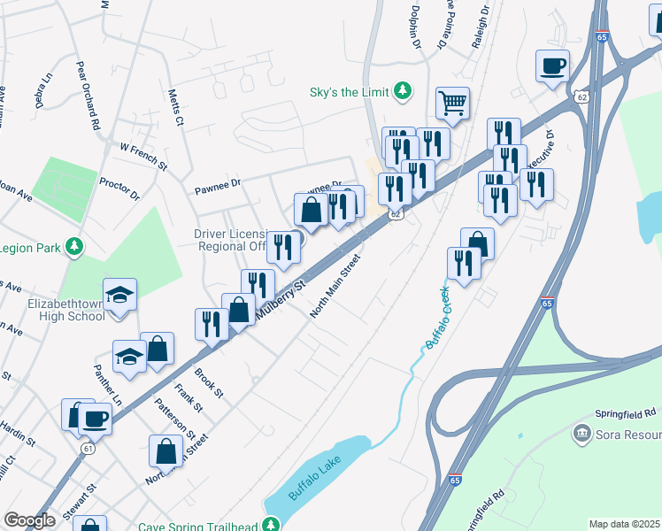 map of restaurants, bars, coffee shops, grocery stores, and more near 913-979 N Mulberry St in Elizabethtown