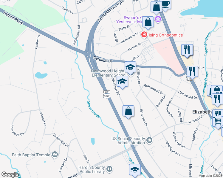 map of restaurants, bars, coffee shops, grocery stores, and more near 658 Westport Road in Elizabethtown