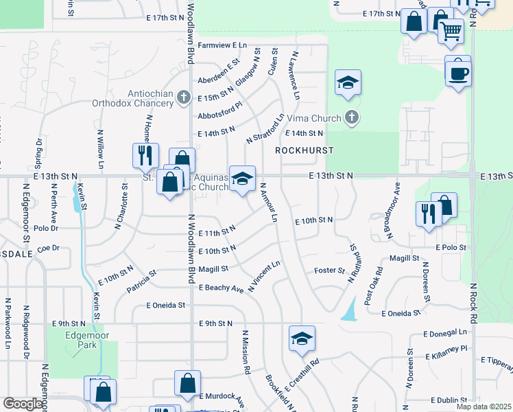 map of restaurants, bars, coffee shops, grocery stores, and more near 1208 North Stratford Lane in Wichita