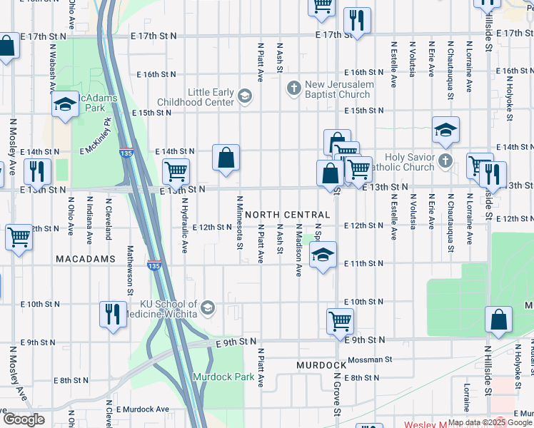 map of restaurants, bars, coffee shops, grocery stores, and more near 1320 North Piatt Avenue in Wichita