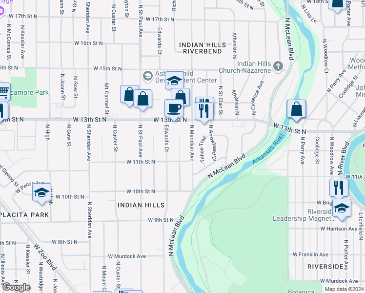 map of restaurants, bars, coffee shops, grocery stores, and more near 1224 Richmond Street in Wichita