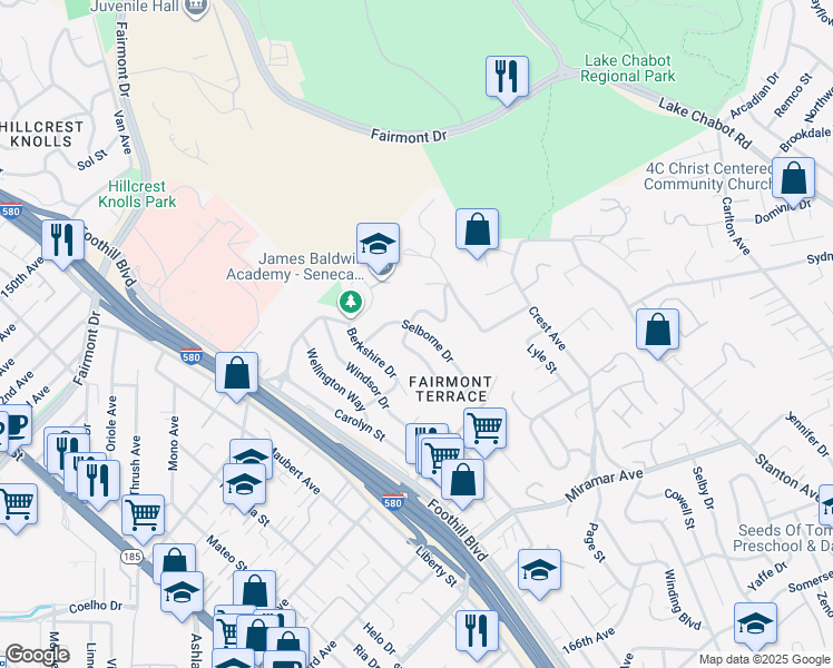 map of restaurants, bars, coffee shops, grocery stores, and more near 16025 Selborne Drive in San Leandro
