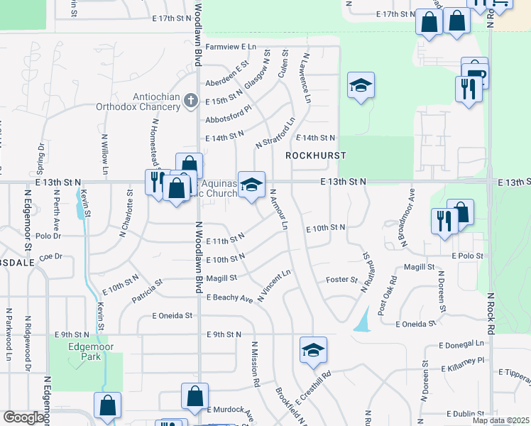 map of restaurants, bars, coffee shops, grocery stores, and more near 1208 North Stratford Lane in Wichita