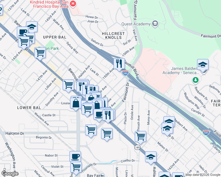 map of restaurants, bars, coffee shops, grocery stores, and more near 15051 Lark Street in San Leandro