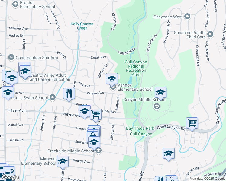 map of restaurants, bars, coffee shops, grocery stores, and more near 5100 Vannoy Avenue in Castro Valley