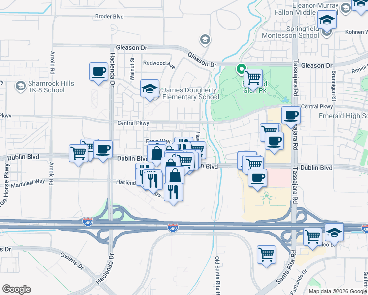 map of restaurants, bars, coffee shops, grocery stores, and more near 4667 Myrtle Drive in Dublin
