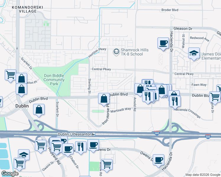 map of restaurants, bars, coffee shops, grocery stores, and more near 5523 Apex Drive in Dublin