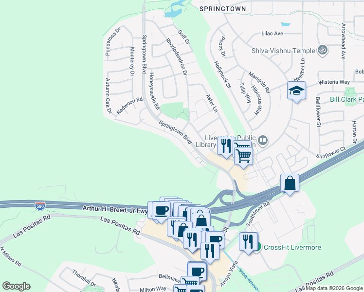 map of restaurants, bars, coffee shops, grocery stores, and more near 1228 Spring Valley Common in Livermore