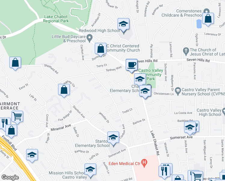 map of restaurants, bars, coffee shops, grocery stores, and more near 3026 Keith Avenue in Castro Valley