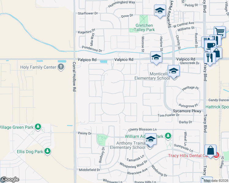 map of restaurants, bars, coffee shops, grocery stores, and more near 1691 Whiterock Drive in Tracy