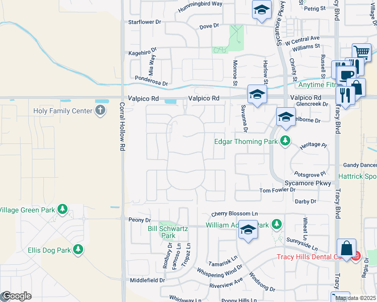 map of restaurants, bars, coffee shops, grocery stores, and more near 1691 Whiterock Drive in Tracy