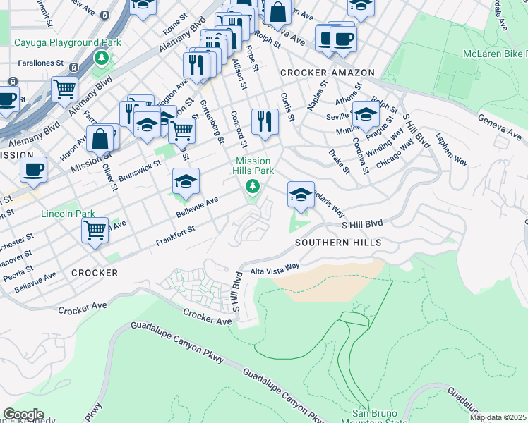map of restaurants, bars, coffee shops, grocery stores, and more near 1000 San Antonio Circle in Daly City