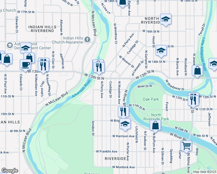 map of restaurants, bars, coffee shops, grocery stores, and more near 1305 North Coolidge Avenue in Wichita