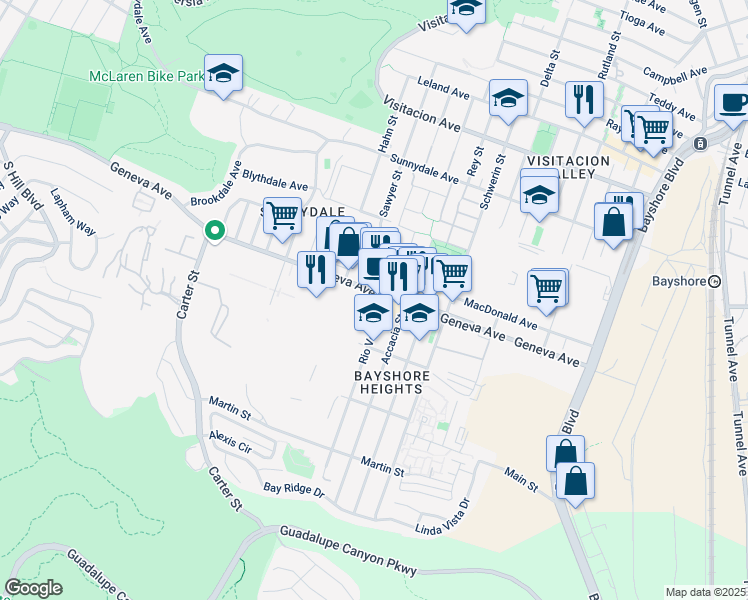 map of restaurants, bars, coffee shops, grocery stores, and more near 2650 Geneva Avenue in Daly City