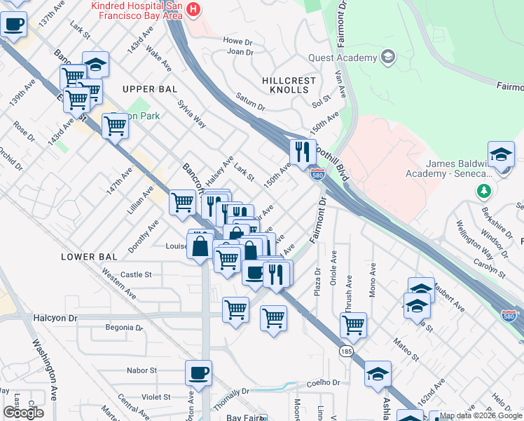 map of restaurants, bars, coffee shops, grocery stores, and more near 1565 Fir Avenue in San Leandro