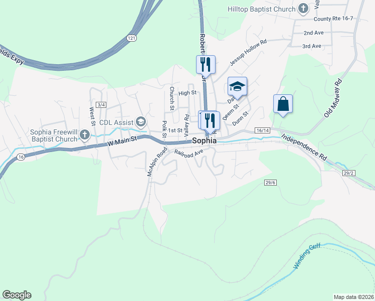 map of restaurants, bars, coffee shops, grocery stores, and more near 210 Railroad Avenue in Sophia
