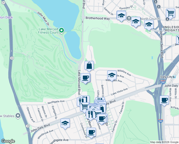 map of restaurants, bars, coffee shops, grocery stores, and more near 68 Lakeview Drive in Daly City