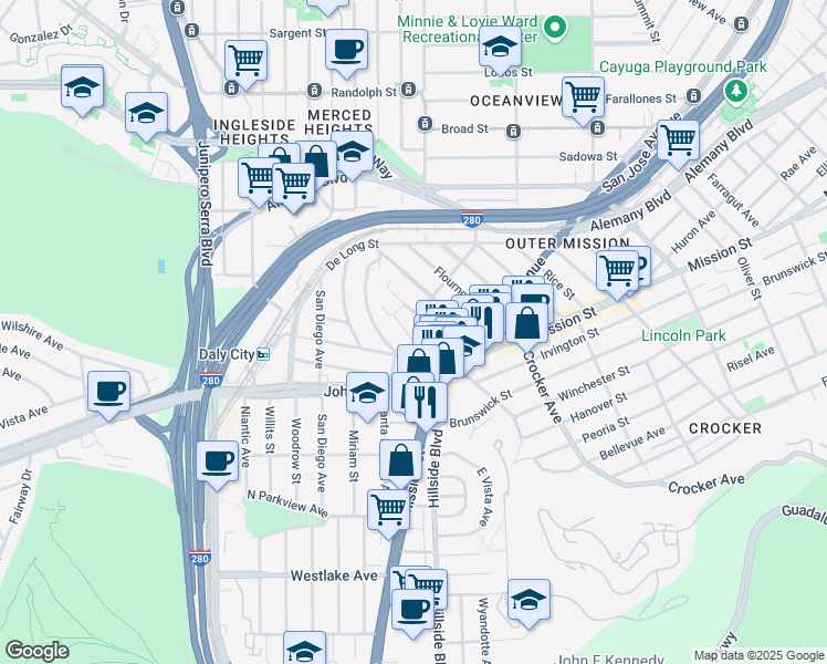 map of restaurants, bars, coffee shops, grocery stores, and more near 44 Vendome Avenue in Daly City