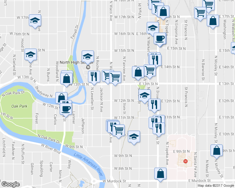 map of restaurants, bars, coffee shops, grocery stores, and more near 1315 North Fairview Avenue in Wichita