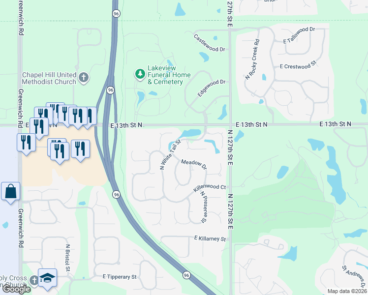 map of restaurants, bars, coffee shops, grocery stores, and more near 1351 North White Tail Court in Wichita