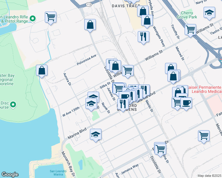 map of restaurants, bars, coffee shops, grocery stores, and more near 1944 Juneau Street in San Leandro