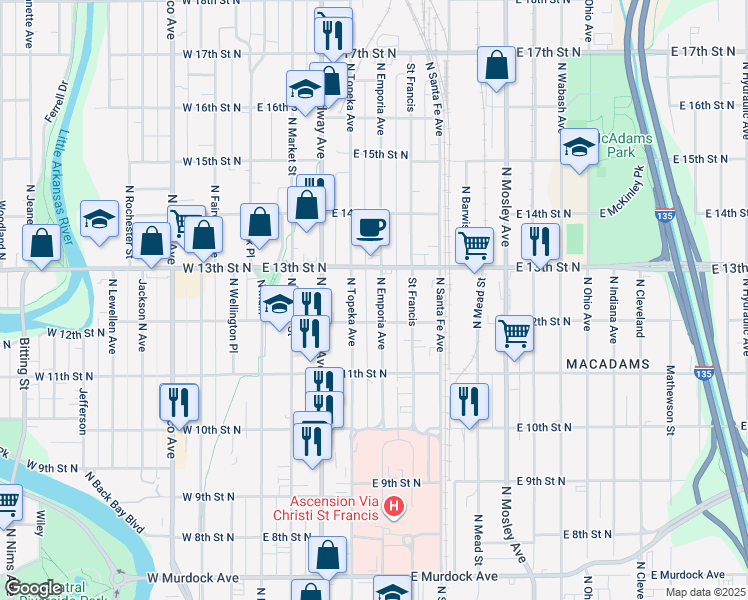 map of restaurants, bars, coffee shops, grocery stores, and more near 1323 North Emporia Avenue in Wichita