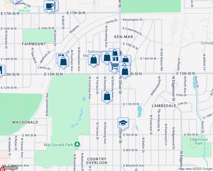 map of restaurants, bars, coffee shops, grocery stores, and more near 1312 North Pershing Street in Wichita