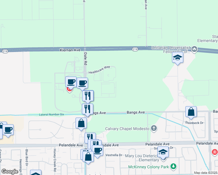map of restaurants, bars, coffee shops, grocery stores, and more near 4620 Dale Road in Modesto
