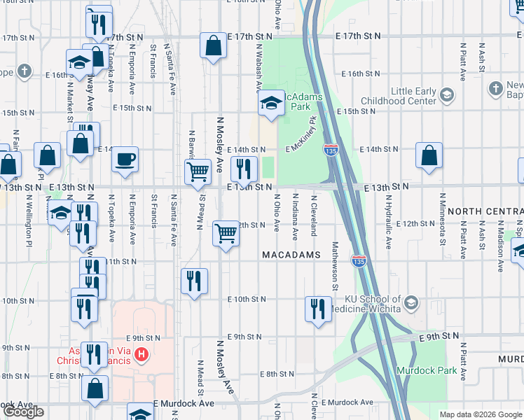 map of restaurants, bars, coffee shops, grocery stores, and more near 1327 North Ohio Avenue in Wichita
