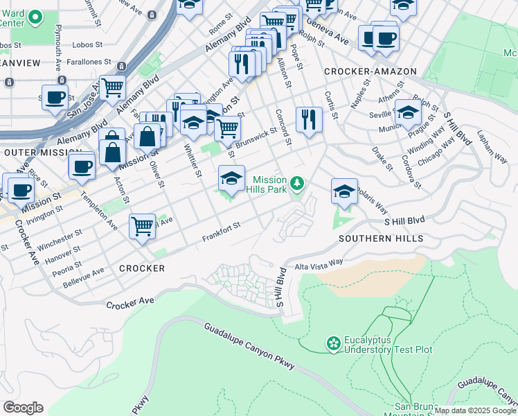 map of restaurants, bars, coffee shops, grocery stores, and more near 449 Lowell Street in Daly City