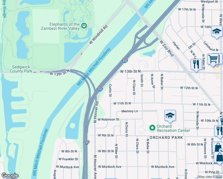 map of restaurants, bars, coffee shops, grocery stores, and more near 1350 Curtis Street in Wichita