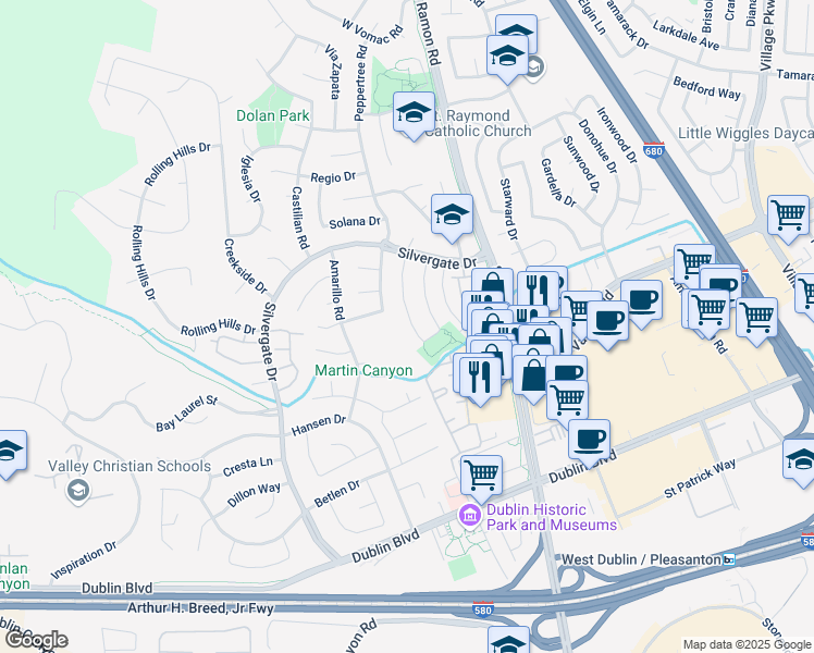 map of restaurants, bars, coffee shops, grocery stores, and more near 7524 San Sabana Road in Dublin