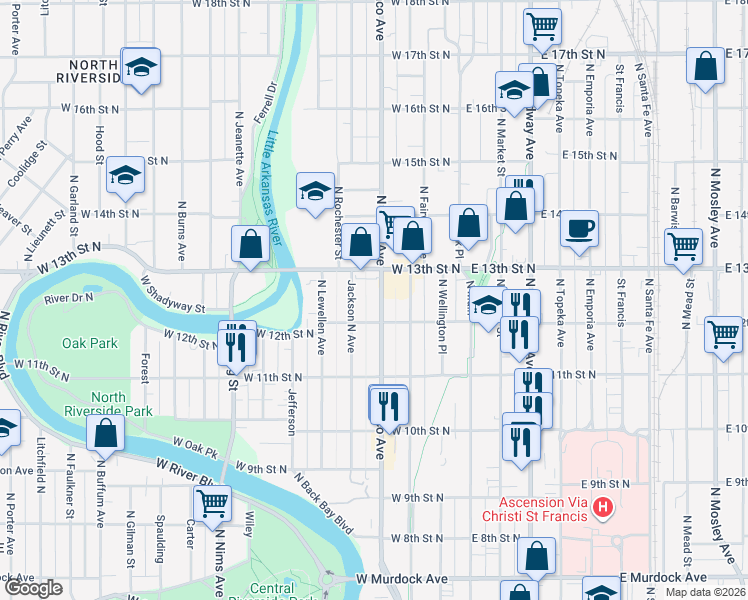 map of restaurants, bars, coffee shops, grocery stores, and more near 1327 North Waco Avenue in Wichita