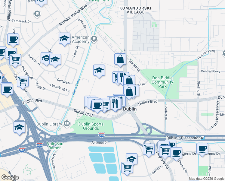 map of restaurants, bars, coffee shops, grocery stores, and more near 6549 Sierra Lane in Dublin