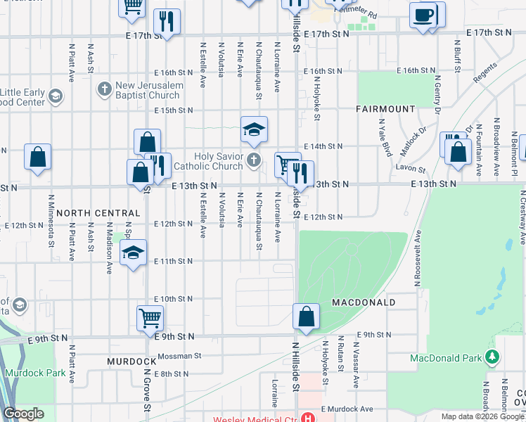 map of restaurants, bars, coffee shops, grocery stores, and more near 1317 North Lorraine in Wichita