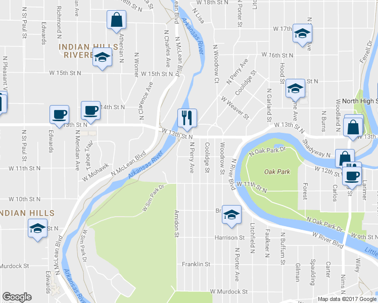 map of restaurants, bars, coffee shops, grocery stores, and more near 1305 Perry Street in Wichita