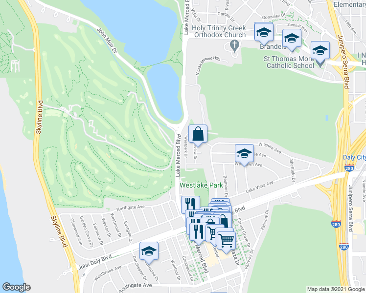 map of restaurants, bars, coffee shops, grocery stores, and more near 52 Westpark Drive in Daly City