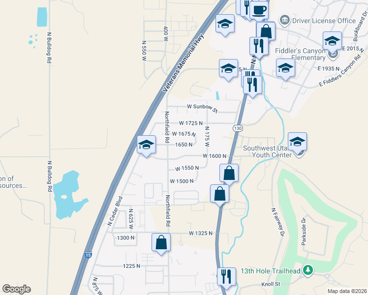 map of restaurants, bars, coffee shops, grocery stores, and more near 313 Bramblewood Drive in Cedar City