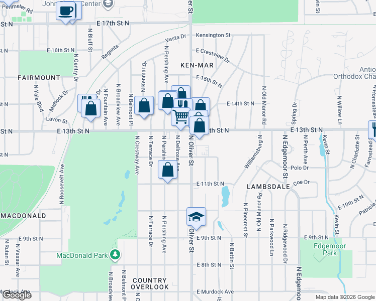 map of restaurants, bars, coffee shops, grocery stores, and more near 1315 North Oliver Street in Wichita