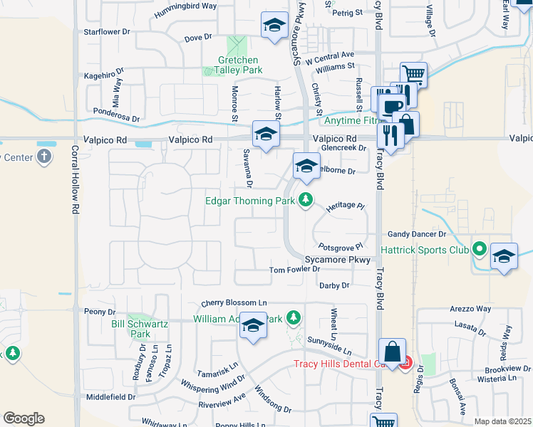 map of restaurants, bars, coffee shops, grocery stores, and more near 1313 Ray Harvey Drive in Tracy