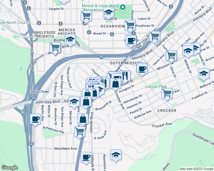 map of restaurants, bars, coffee shops, grocery stores, and more near 6212 Mission Street in Daly City
