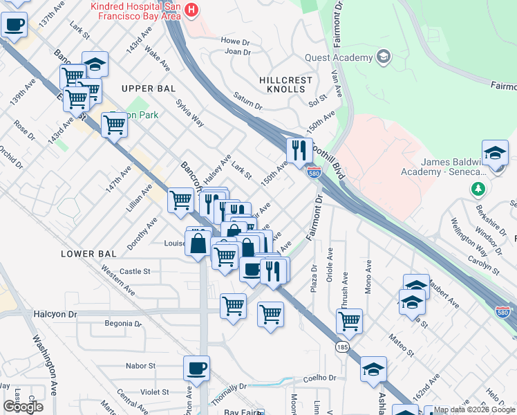 map of restaurants, bars, coffee shops, grocery stores, and more near 1565 Fir Avenue in San Leandro