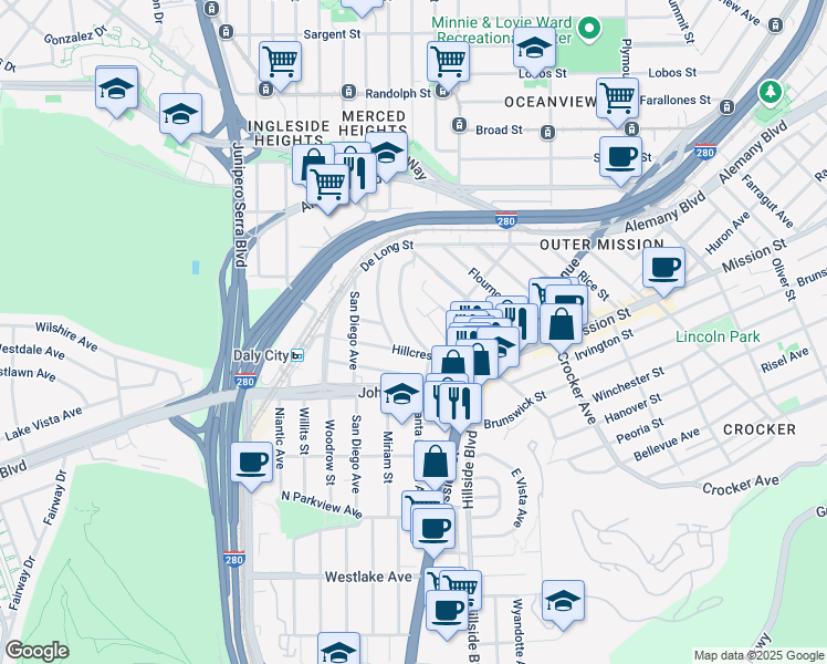 map of restaurants, bars, coffee shops, grocery stores, and more near 175 Santa Barbara Avenue in Daly City