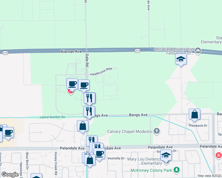 map of restaurants, bars, coffee shops, grocery stores, and more near 4620 Dale Road in Modesto