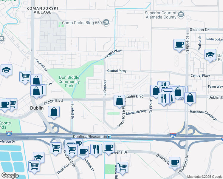 map of restaurants, bars, coffee shops, grocery stores, and more near 5703 El Dorado Lane in Dublin