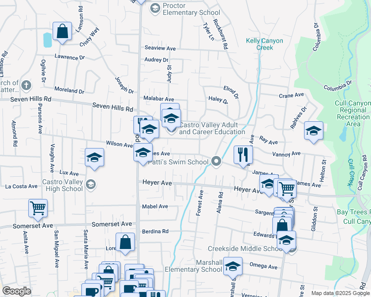 map of restaurants, bars, coffee shops, grocery stores, and more near 4432 James Avenue in Castro Valley