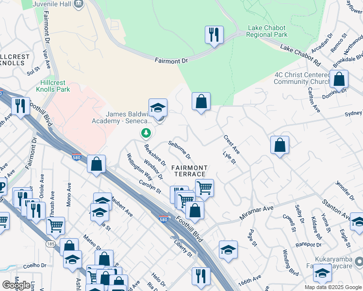 map of restaurants, bars, coffee shops, grocery stores, and more near 16025 Selborne Drive in San Leandro
