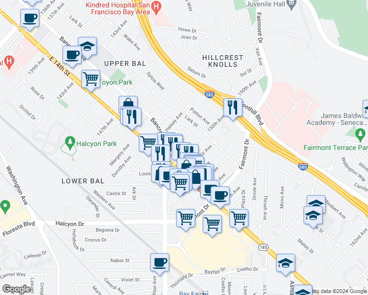 map of restaurants, bars, coffee shops, grocery stores, and more near 1483 150th Avenue in San Leandro